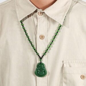 JADE Green Hand Carved Maitreya Buddah Pendant Necklace